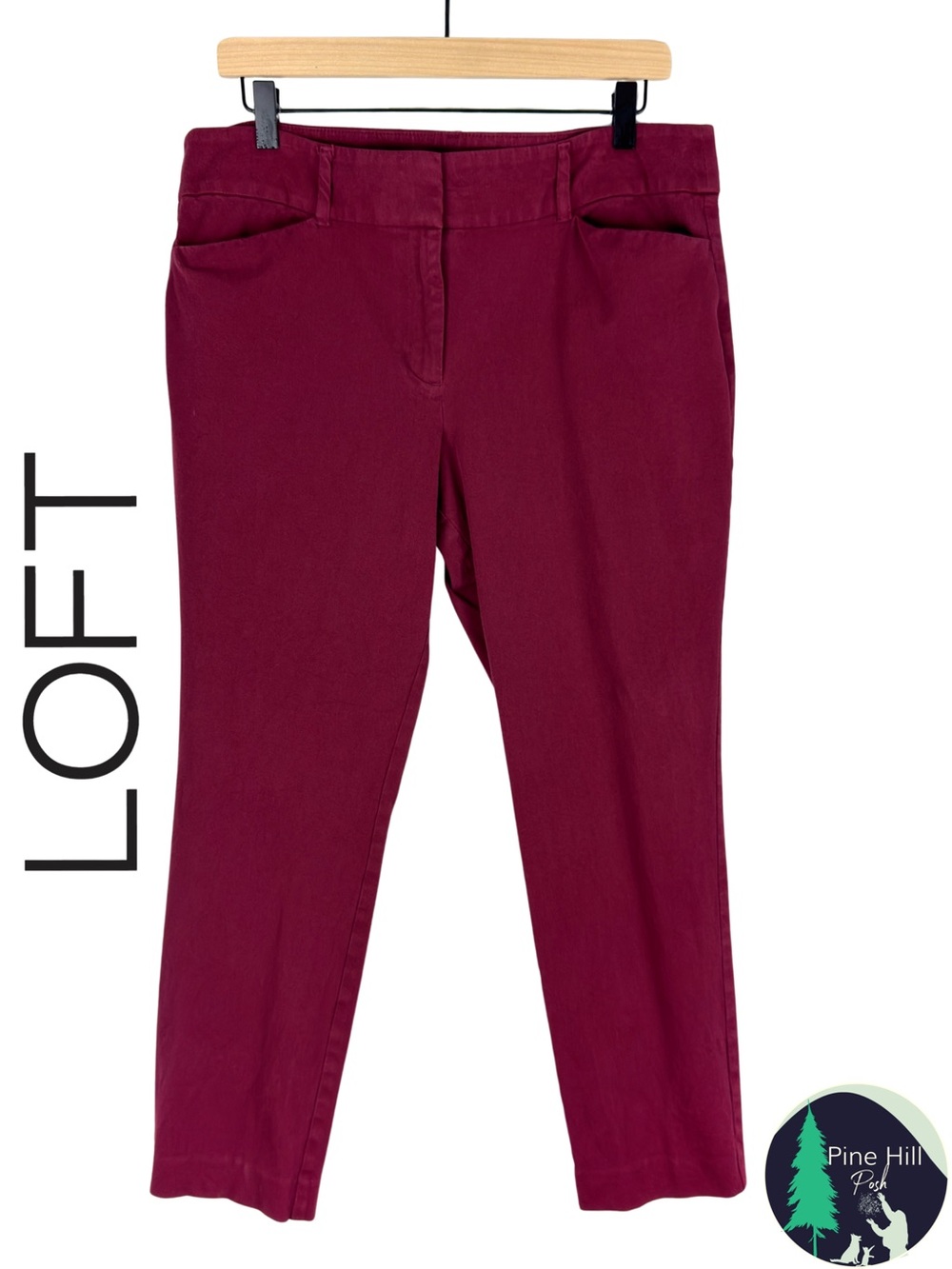 LOFT Curvy Skinny Ankle Pants Womens 12 Burgundy Mid Rise Stretch Twill Work